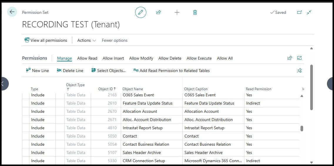 Recorded permission set results listing table objects captured during the recording session, such as O365 Sales Event and Contact