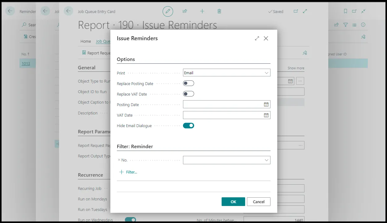Issue Reminders report request options with Print set to Email and Hide Email Dialogue turned on