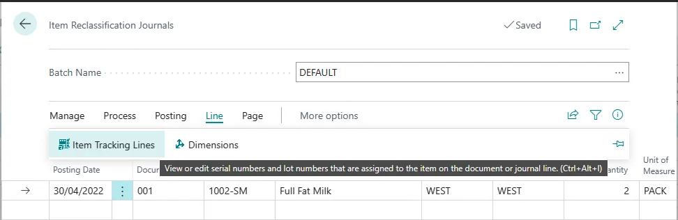 Item Reclassification Journal line with the Item Tracking Lines action highlighted for item 1002-SM