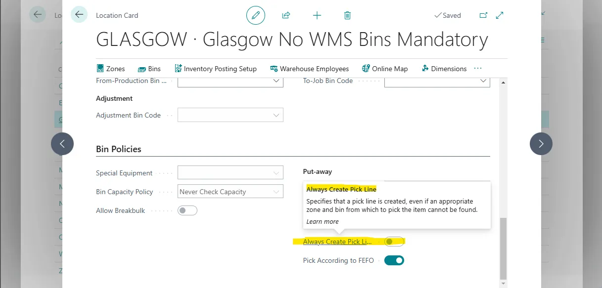 Location card Bin Policies section with the Always Create Pick Line toggle enabled