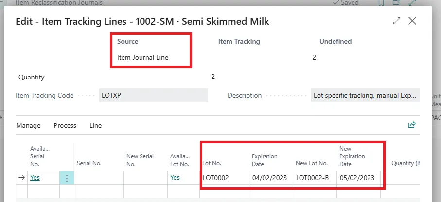 Item Tracking Lines reclass page reassigning 2 units from LOT0002 to new lot LOT0002-B with a new expiration date