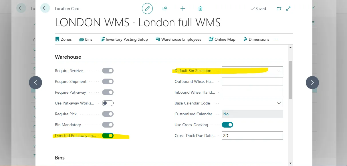 Location card for London with Directed Put-away and Pick enabled and Default Bin Selection left empty