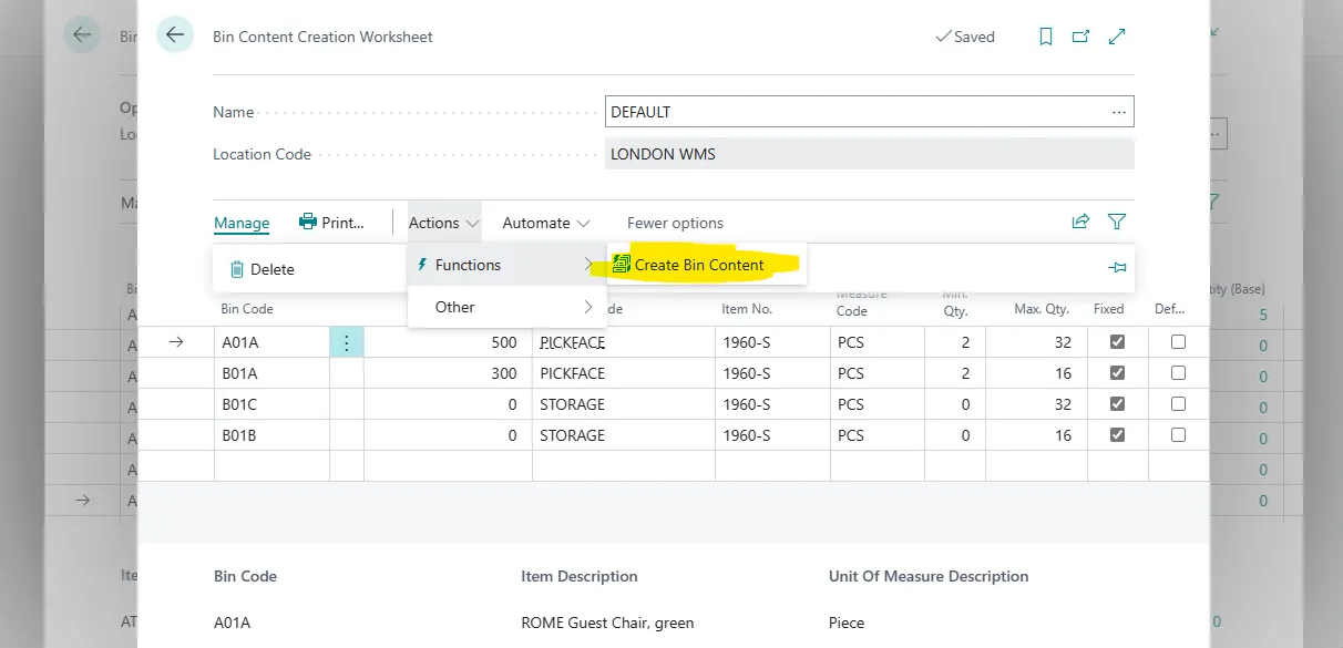 Bin Content Creation Worksheet with the Create Bin Content action highlighted under Functions