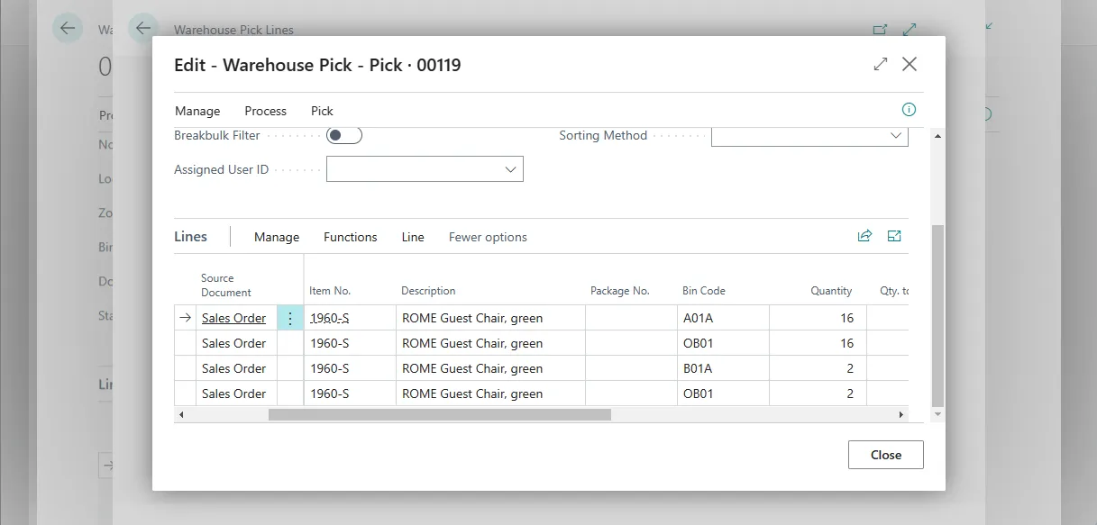 Warehouse pick lines split across bins A01A and B01A by ranking, with storage bins excluded